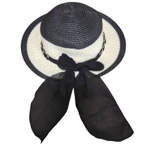 Ellen Tracy Black Ivory Straw Chain‎ Bow Hat Womens One Size